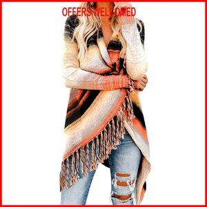 Polyester Cardigan with Tassel Fringe, Cowl Neck, Wrap Front